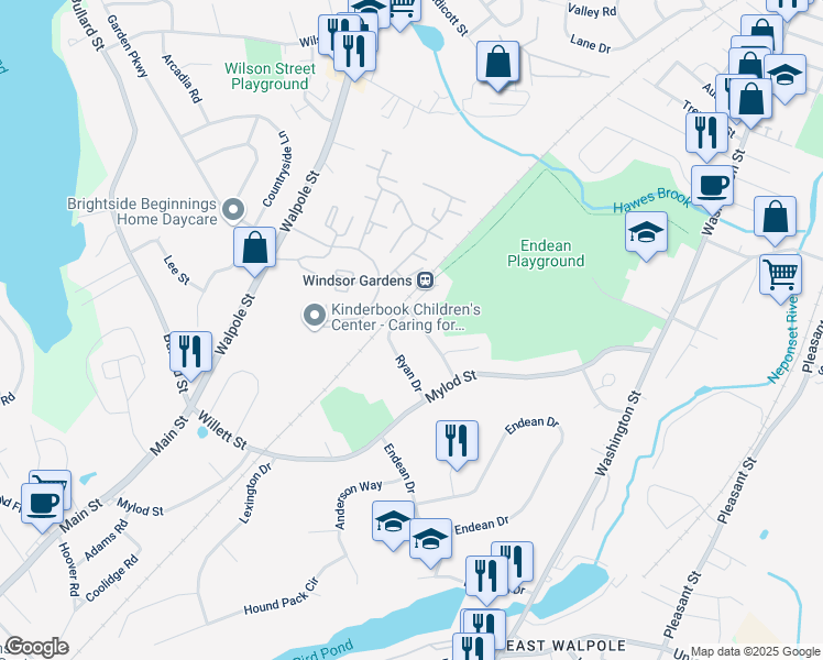 map of restaurants, bars, coffee shops, grocery stores, and more near 30 Thompson Road in Norwood