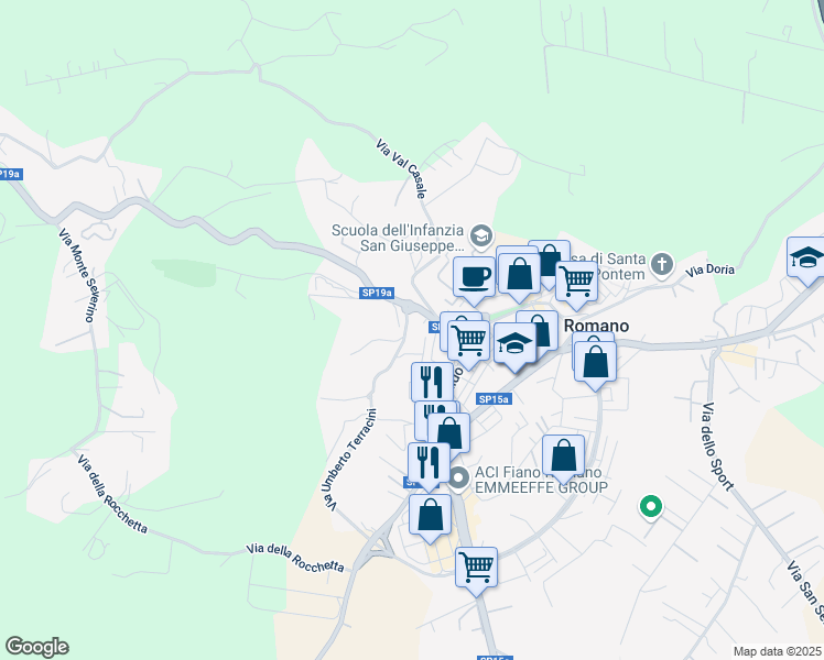 map of restaurants, bars, coffee shops, grocery stores, and more near 5 Via di Valle Perugina in Fiano Romano