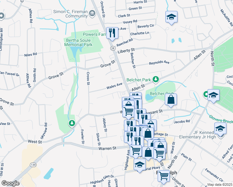 map of restaurants, bars, coffee shops, grocery stores, and more near 22 Nelson Drive in Randolph