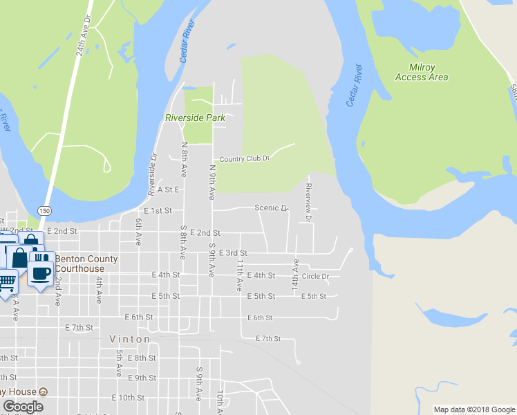 map of restaurants, bars, coffee shops, grocery stores, and more near 100 Country Club Drive in Vinton