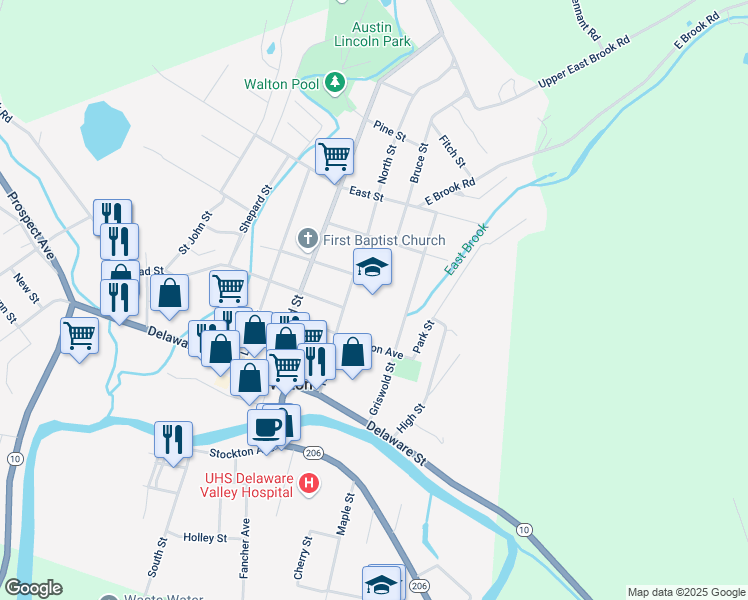 map of restaurants, bars, coffee shops, grocery stores, and more near 42-66 North St in Walton