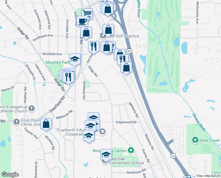 map of restaurants, bars, coffee shops, grocery stores, and more near 985 Ridge Road in Highland Park