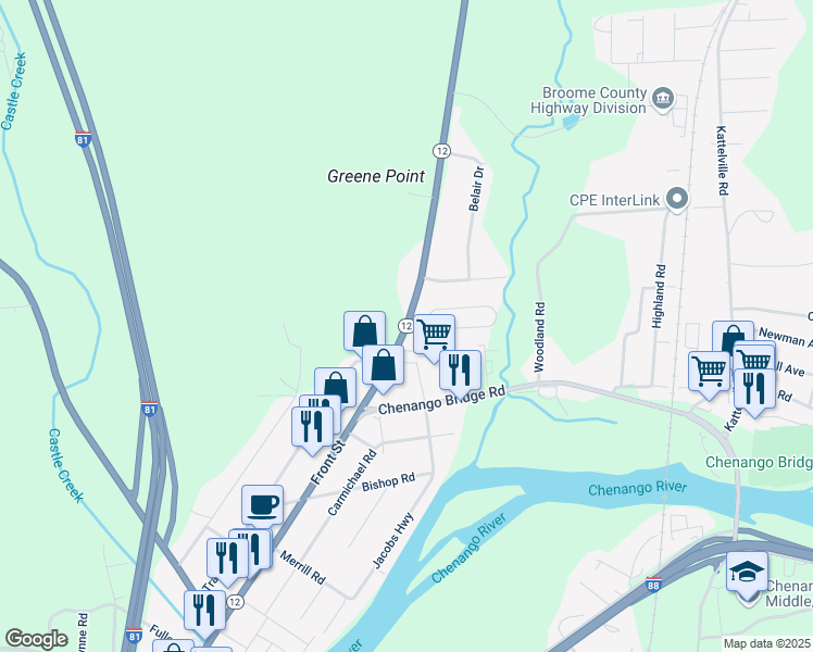 map of restaurants, bars, coffee shops, grocery stores, and more near Theresa Boulevard & New York State Bicycle Route 17 in Binghamton