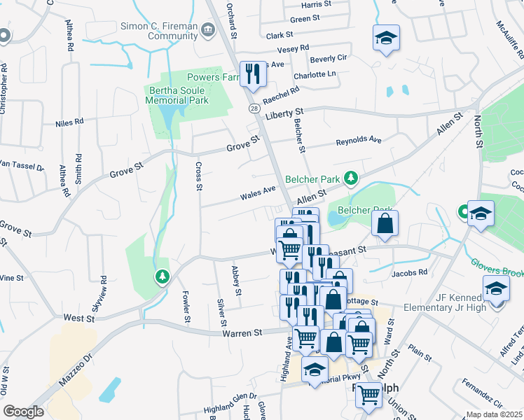 map of restaurants, bars, coffee shops, grocery stores, and more near 14 Wales Avenue in Randolph