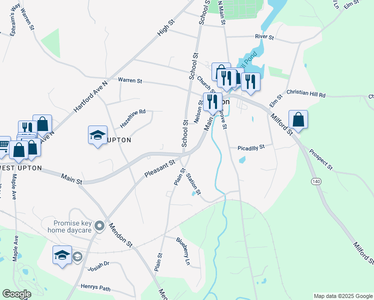 map of restaurants, bars, coffee shops, grocery stores, and more near 27 Main Street in Upton