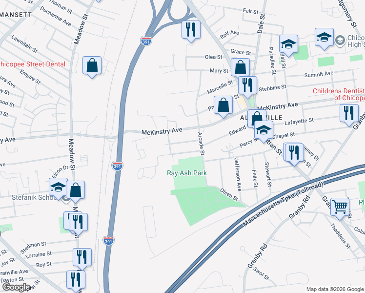 map of restaurants, bars, coffee shops, grocery stores, and more near 44 Southworth Street in West Springfield