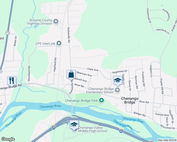 map of restaurants, bars, coffee shops, grocery stores, and more near 27 Clark Avenue in Binghamton