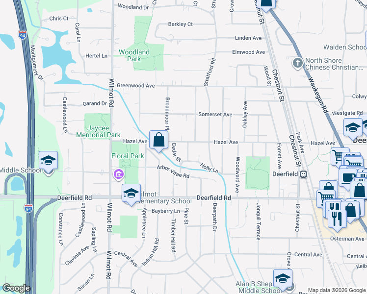 map of restaurants, bars, coffee shops, grocery stores, and more near 963 Cedar Street in Deerfield
