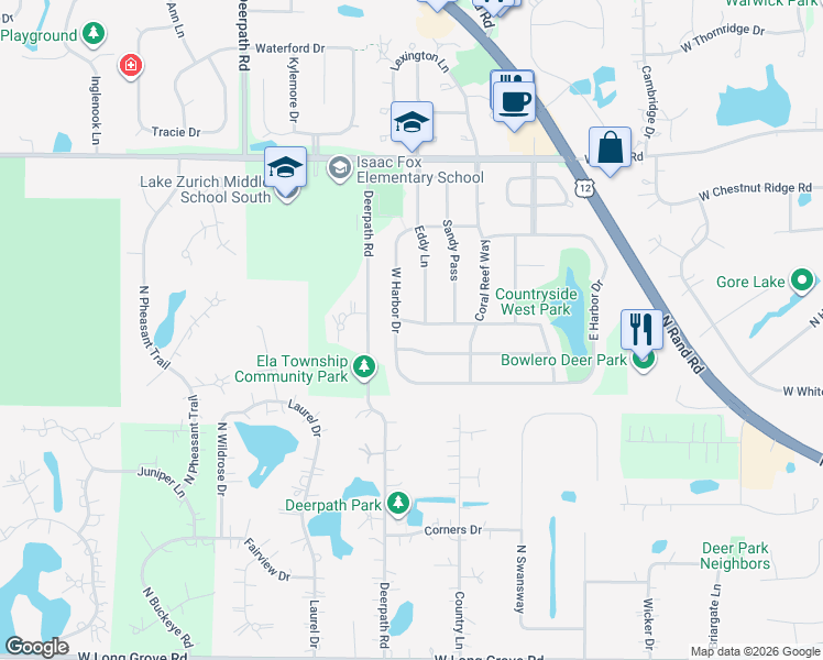 map of restaurants, bars, coffee shops, grocery stores, and more near 545 Cypress Bridge Road in Lake Zurich