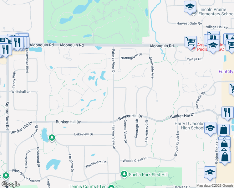 map of restaurants, bars, coffee shops, grocery stores, and more near 300 Fairway View Drive in Algonquin