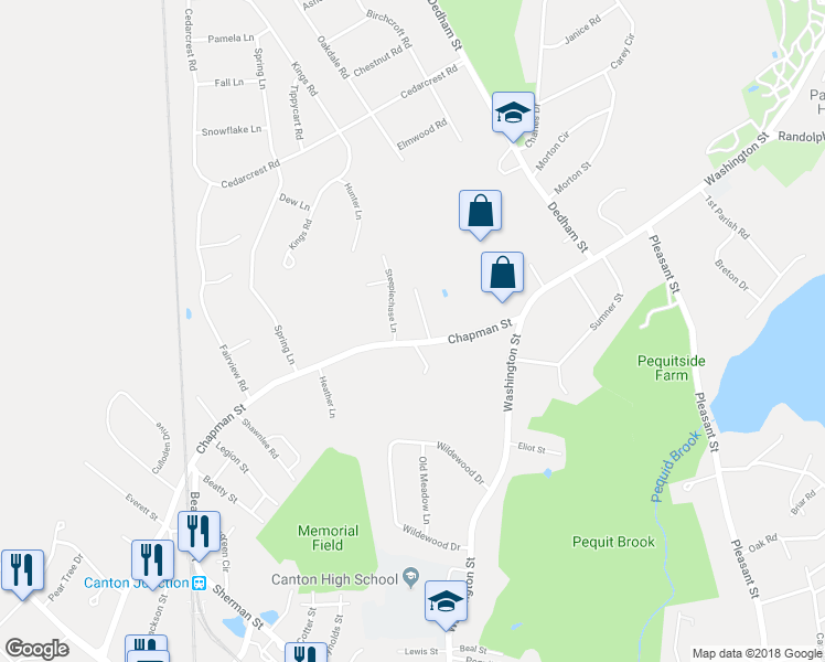 map of restaurants, bars, coffee shops, grocery stores, and more near 111 Chapman Street in Canton