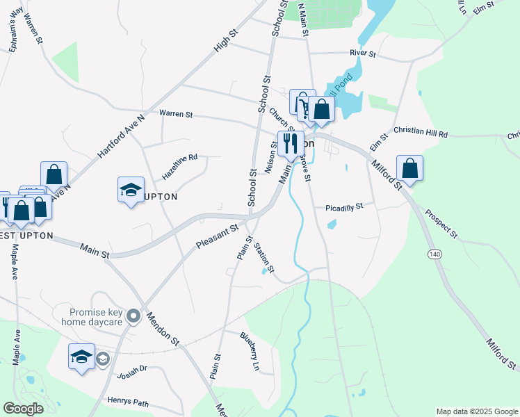 map of restaurants, bars, coffee shops, grocery stores, and more near 27 Main Street in Upton