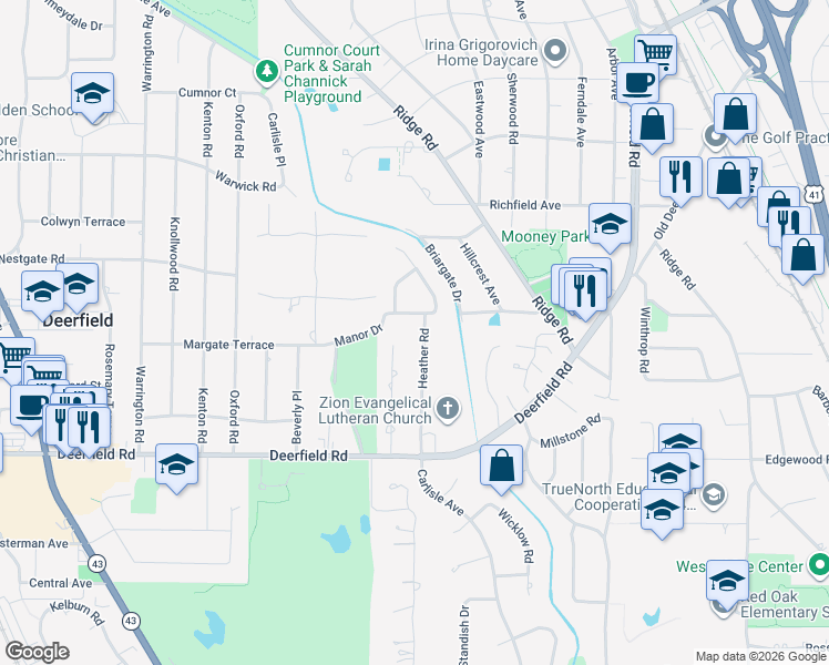 map of restaurants, bars, coffee shops, grocery stores, and more near 115 Manor Drive in Deerfield