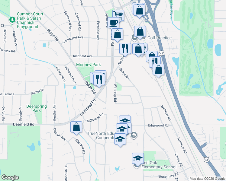 map of restaurants, bars, coffee shops, grocery stores, and more near 1011 Windsor Road in Highland Park