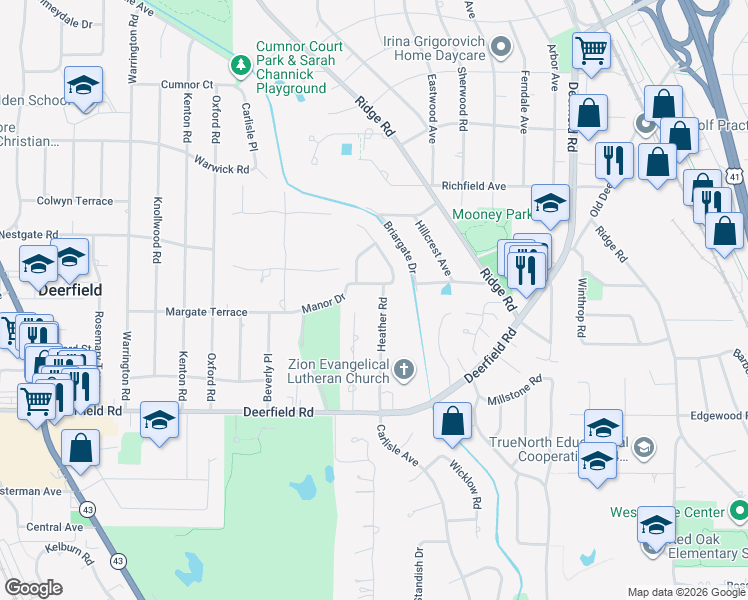map of restaurants, bars, coffee shops, grocery stores, and more near 115 Manor Drive in Deerfield
