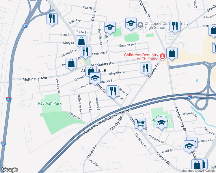 map of restaurants, bars, coffee shops, grocery stores, and more near 16 Kaveney Street in Chicopee