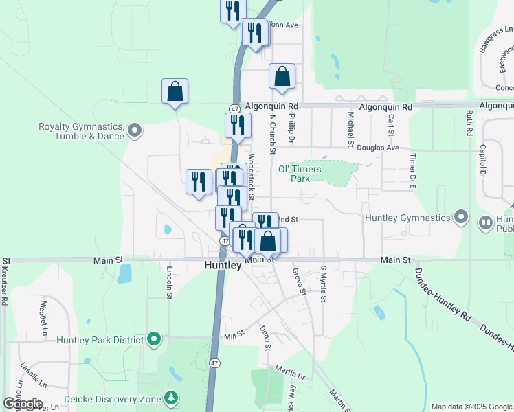 map of restaurants, bars, coffee shops, grocery stores, and more near 10903 Woodstock Street in Huntley