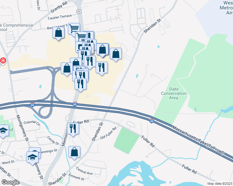 map of restaurants, bars, coffee shops, grocery stores, and more near Sheridan Street in Chicopee