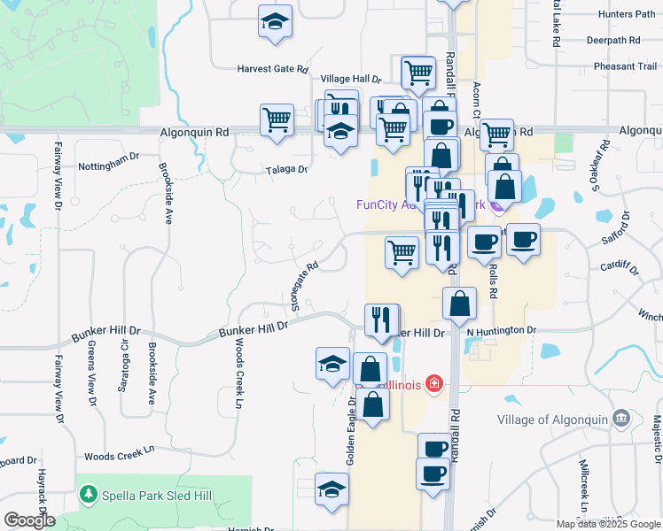 map of restaurants, bars, coffee shops, grocery stores, and more near 2706 Bay View Circle in Algonquin