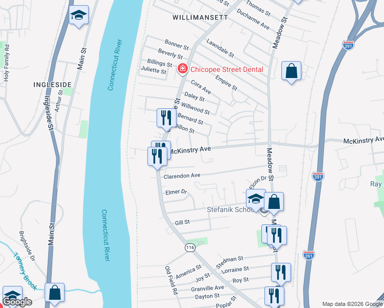 map of restaurants, bars, coffee shops, grocery stores, and more near 69 McKinstry Avenue in Chicopee