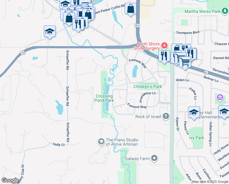 map of restaurants, bars, coffee shops, grocery stores, and more near 969 Shambliss Lane in Buffalo Grove
