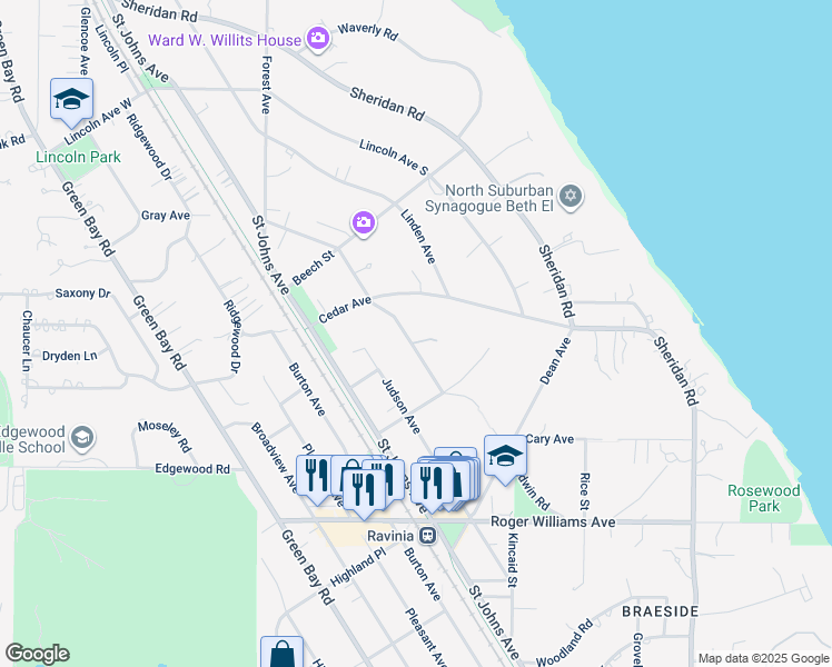 map of restaurants, bars, coffee shops, grocery stores, and more near 1005 Wade Street in Highland Park