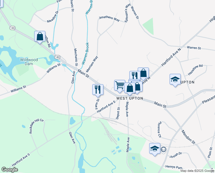 map of restaurants, bars, coffee shops, grocery stores, and more near 137 Main Street in Upton