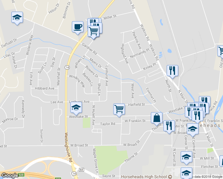 map of restaurants, bars, coffee shops, grocery stores, and more near 110 Windsor Road in Horseheads