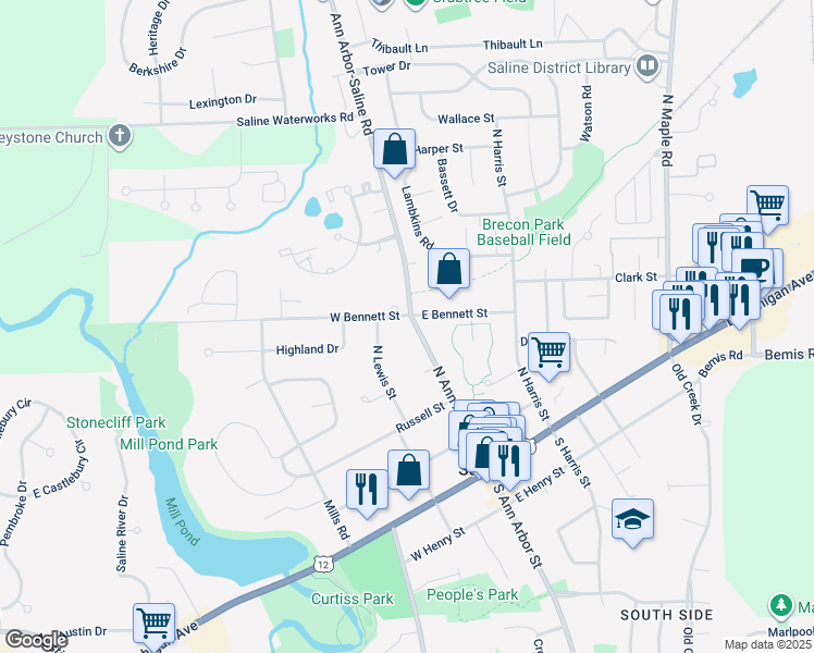 map of restaurants, bars, coffee shops, grocery stores, and more near 327 North Ann Arbor Street in Saline