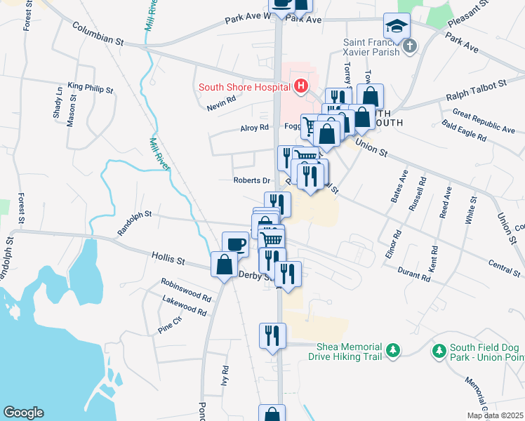 map of restaurants, bars, coffee shops, grocery stores, and more near 10 Pond Street in Weymouth