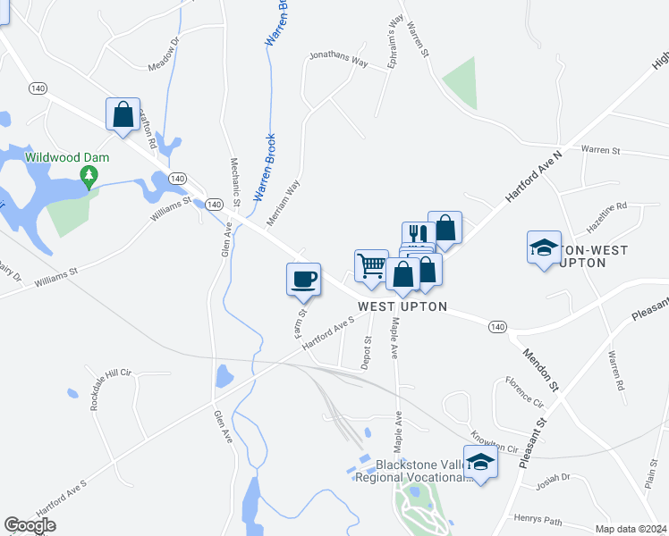 map of restaurants, bars, coffee shops, grocery stores, and more near 137 Main Street in Upton