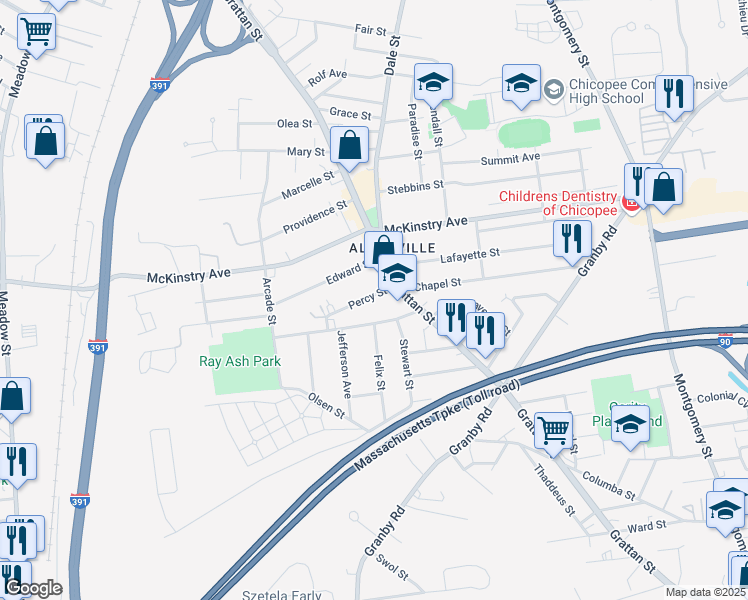 map of restaurants, bars, coffee shops, grocery stores, and more near 23 Percy Street in Chicopee