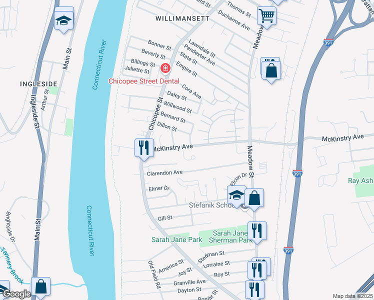 map of restaurants, bars, coffee shops, grocery stores, and more near 99 McKinstry Avenue in Chicopee