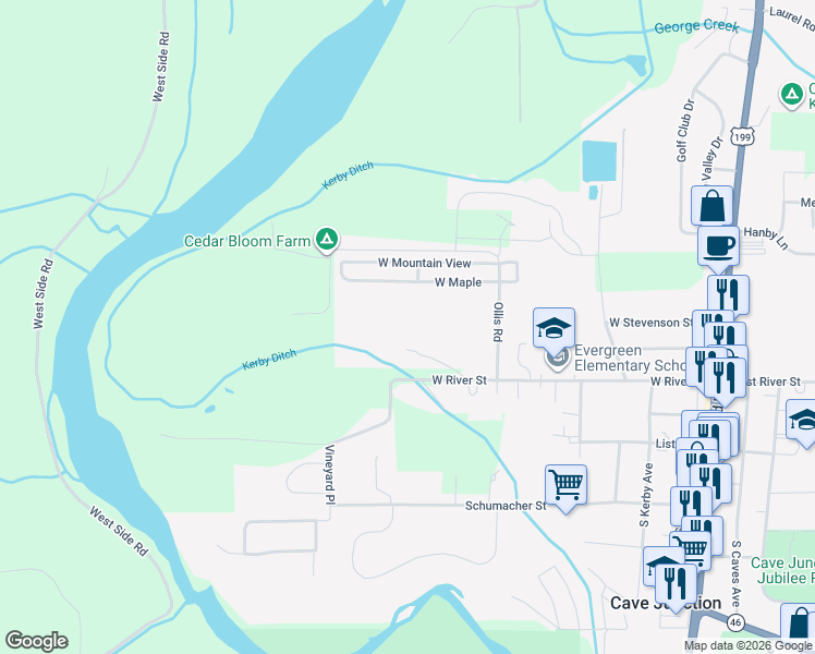 map of restaurants, bars, coffee shops, grocery stores, and more near 222 Ollis Road in Cave Junction