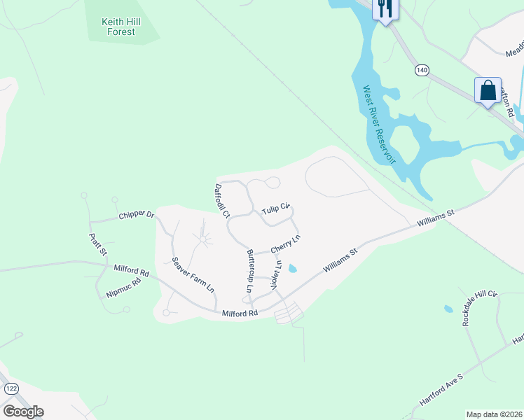 map of restaurants, bars, coffee shops, grocery stores, and more near 70 Tulip Circle in Grafton