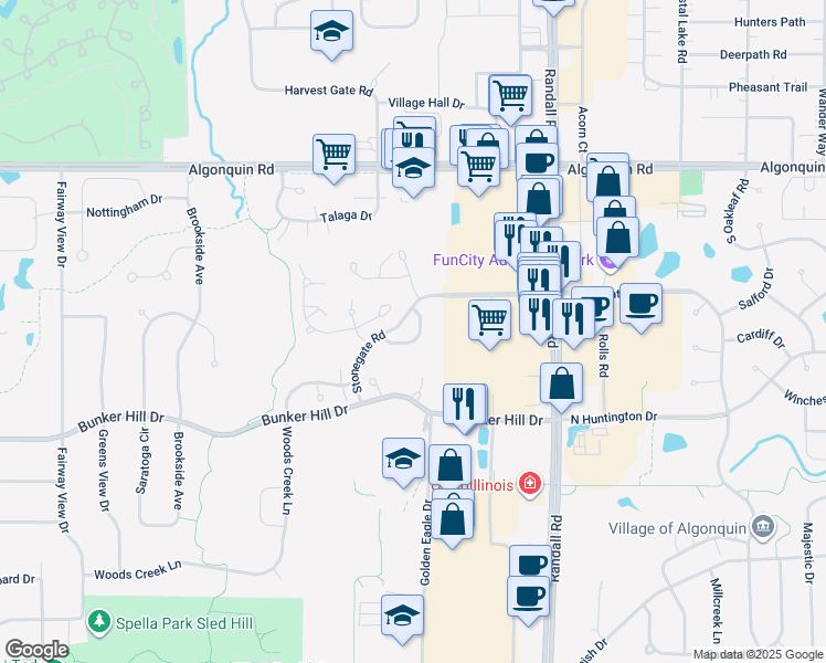 map of restaurants, bars, coffee shops, grocery stores, and more near 2706 Bay View Circle in Algonquin