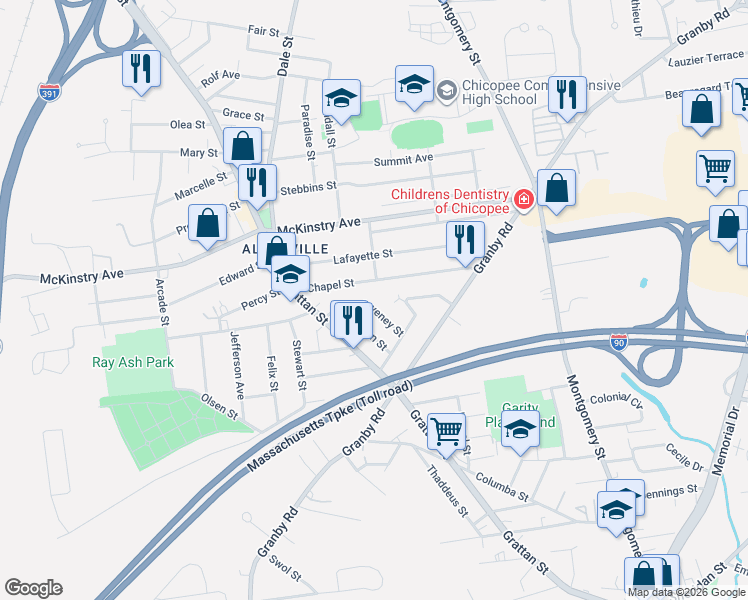 map of restaurants, bars, coffee shops, grocery stores, and more near 62 Kaveney Street in Chicopee
