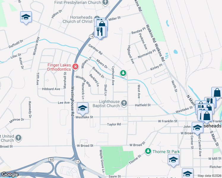 map of restaurants, bars, coffee shops, grocery stores, and more near 303 Lynhurst Ave in Horseheads