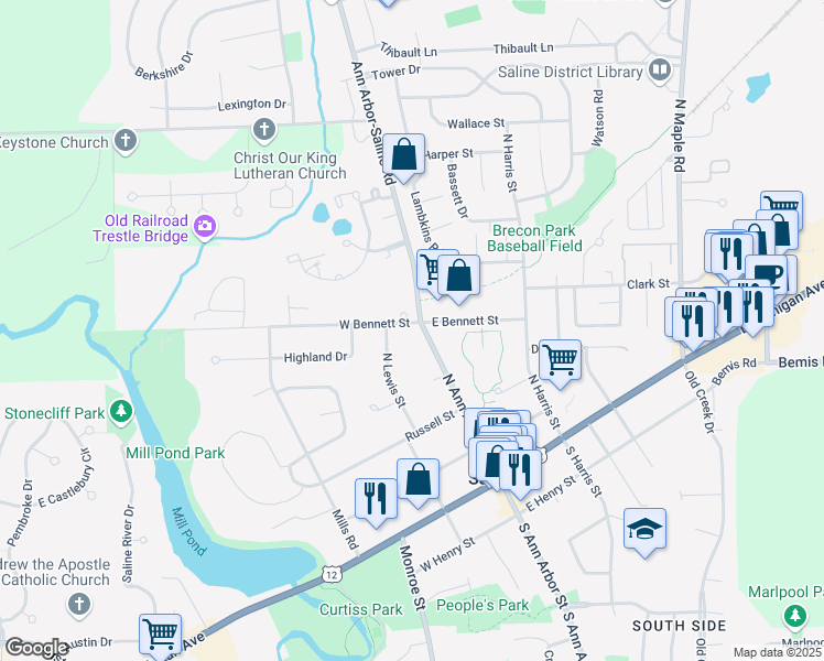 map of restaurants, bars, coffee shops, grocery stores, and more near 327 North Ann Arbor Street in Saline