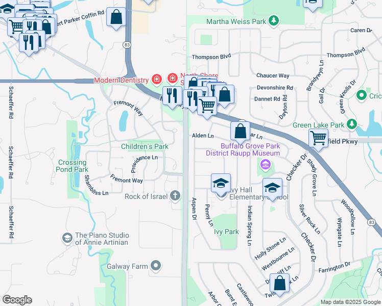 map of restaurants, bars, coffee shops, grocery stores, and more near 1049 Aspen Drive in Buffalo Grove