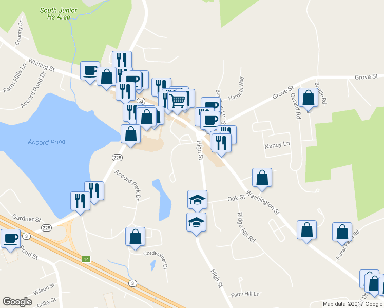 map of restaurants, bars, coffee shops, grocery stores, and more near 19 High Street in Norwell
