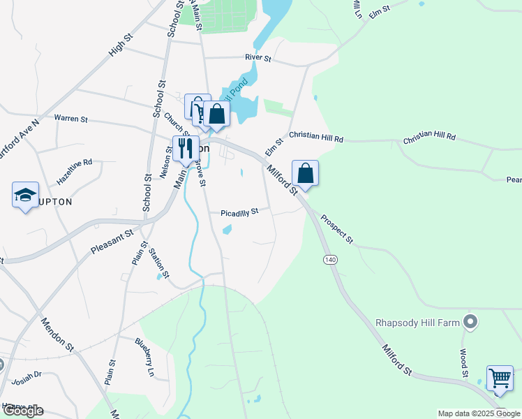 map of restaurants, bars, coffee shops, grocery stores, and more near 14 Picadilly Street in Upton