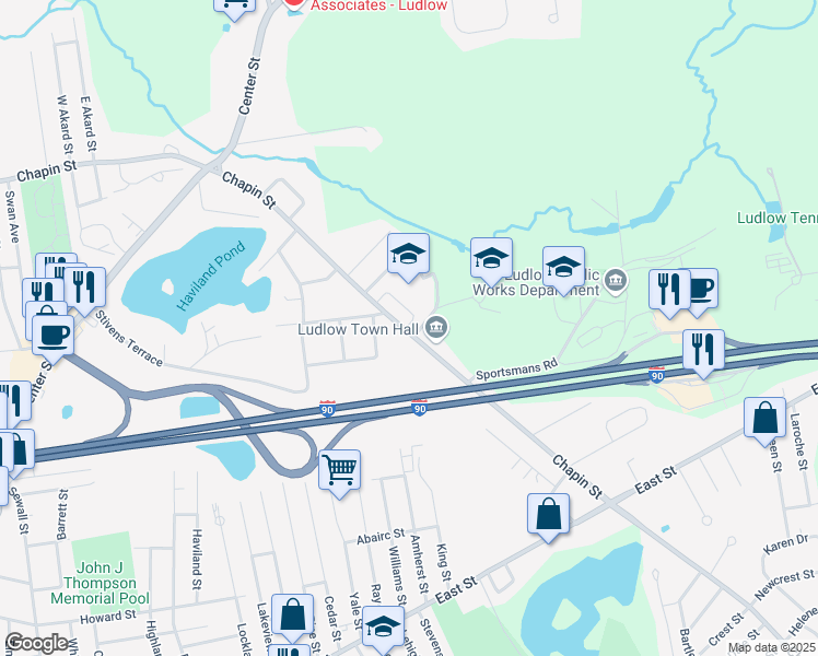 map of restaurants, bars, coffee shops, grocery stores, and more near 500 Chapin Street in Ludlow