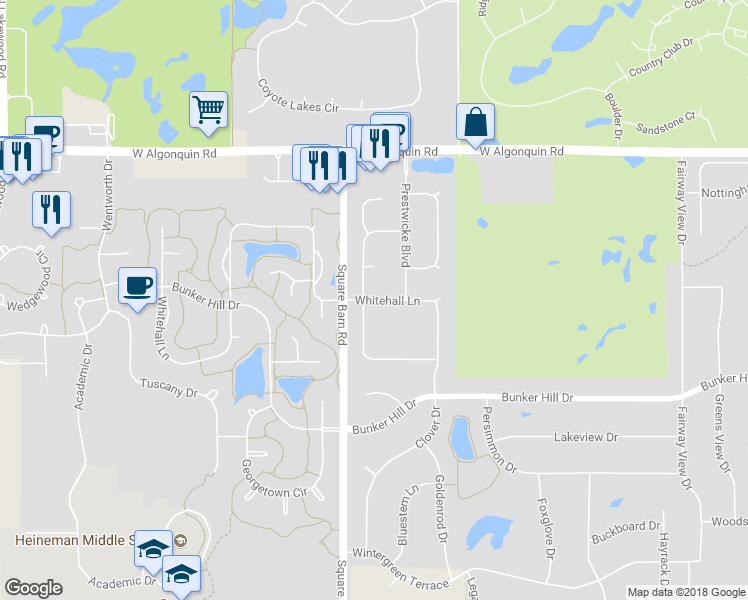map of restaurants, bars, coffee shops, grocery stores, and more near 316 Whitehall Lane in Algonquin
