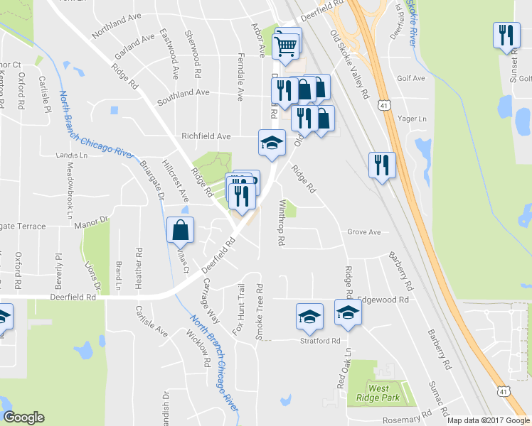 map of restaurants, bars, coffee shops, grocery stores, and more near 1011 Windsor Road in Highland Park