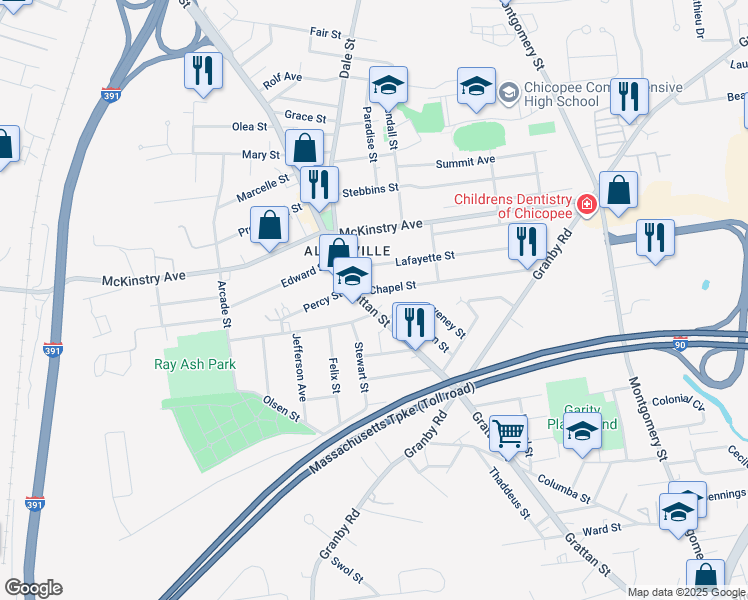 map of restaurants, bars, coffee shops, grocery stores, and more near 558 Grattan Street in Chicopee