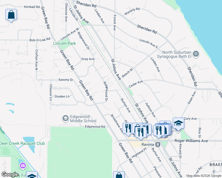 map of restaurants, bars, coffee shops, grocery stores, and more near 571 Ravinia Road in Highland Park
