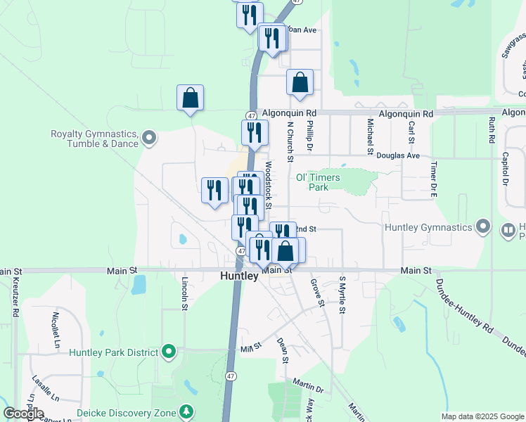map of restaurants, bars, coffee shops, grocery stores, and more near 10903 Woodstock Street in Huntley