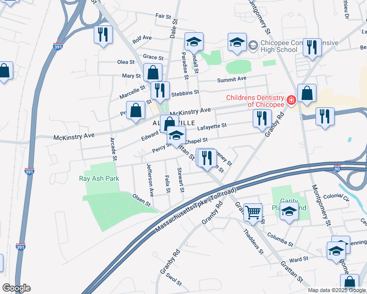 map of restaurants, bars, coffee shops, grocery stores, and more near 558 Grattan Street in Chicopee