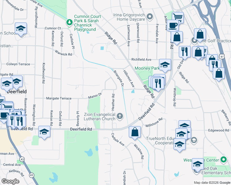 map of restaurants, bars, coffee shops, grocery stores, and more near 115 Manor Drive in Deerfield